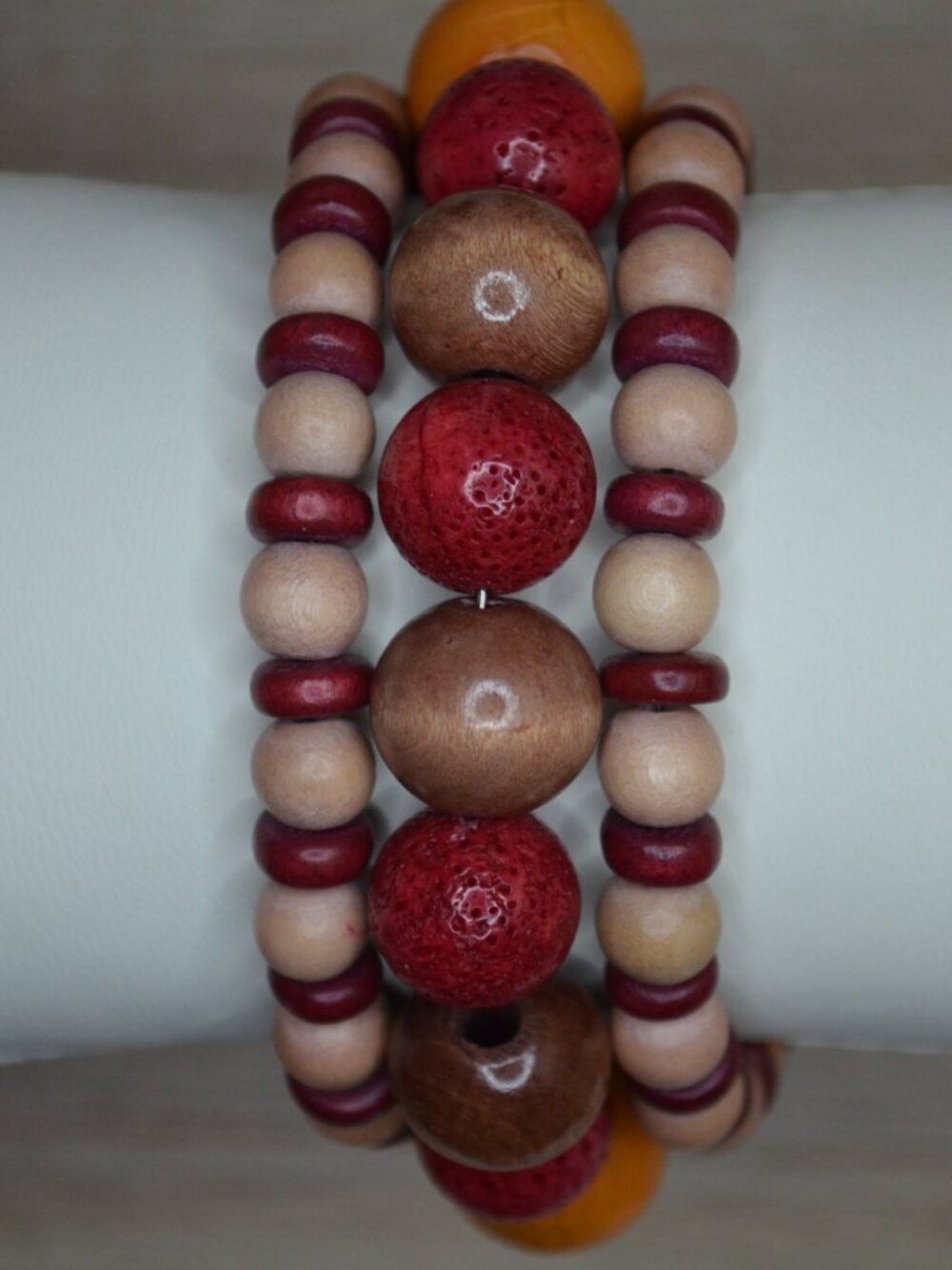 Red Coral & Wood Bead Layered Memory Wire Wrap Bracelet